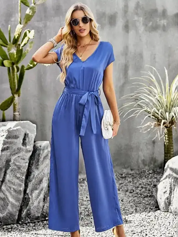 Women’s Elegant Solid Color V Neck Jumpsuit