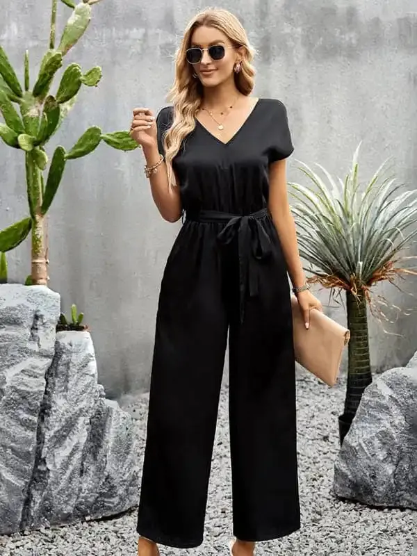 Women’s Elegant Solid Color V Neck Jumpsuit