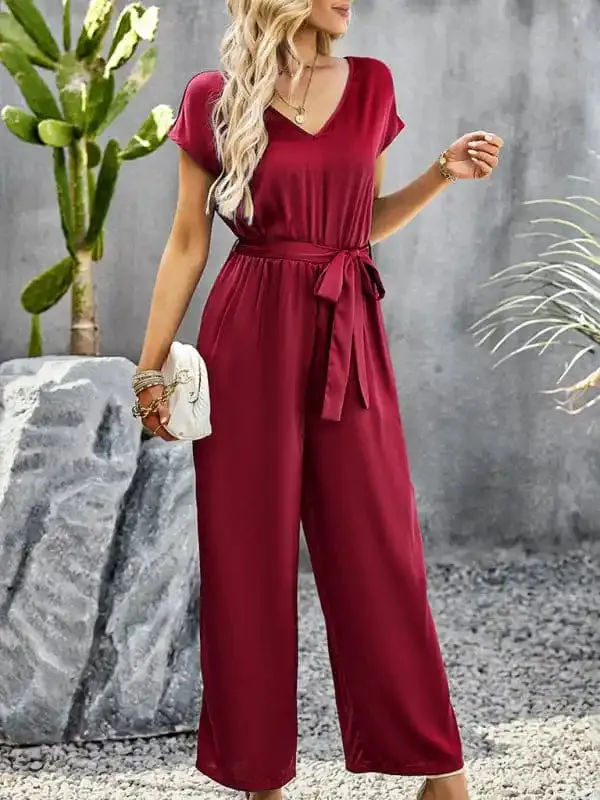 Women’s Elegant Solid Color V Neck Jumpsuit