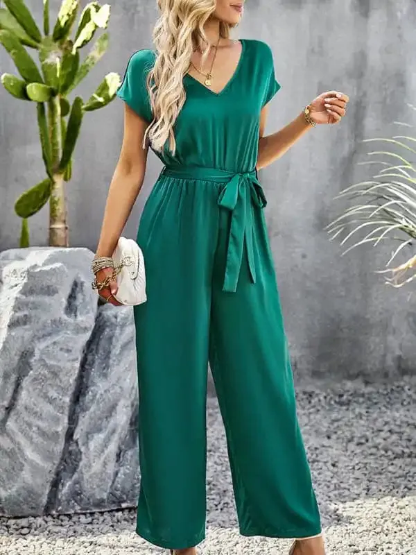 Women’s Elegant Solid Color V Neck Jumpsuit