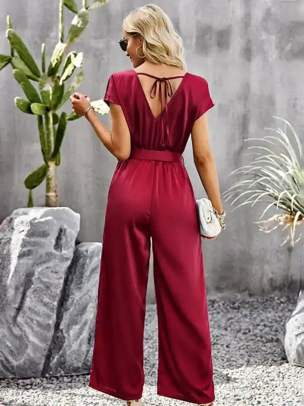 Women’s Elegant Solid Color V Neck Jumpsuit