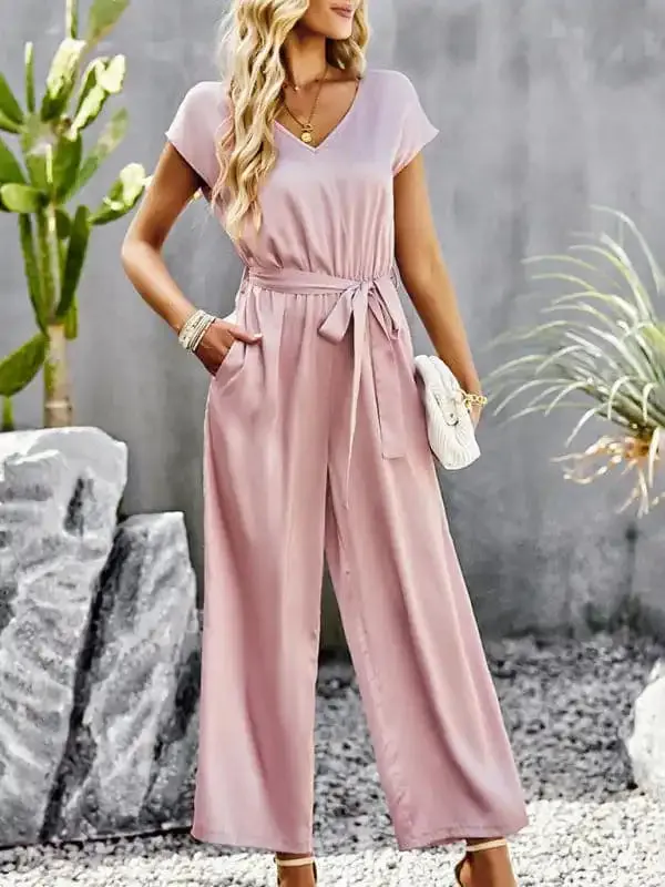 Women’s Elegant Solid Color V Neck Jumpsuit