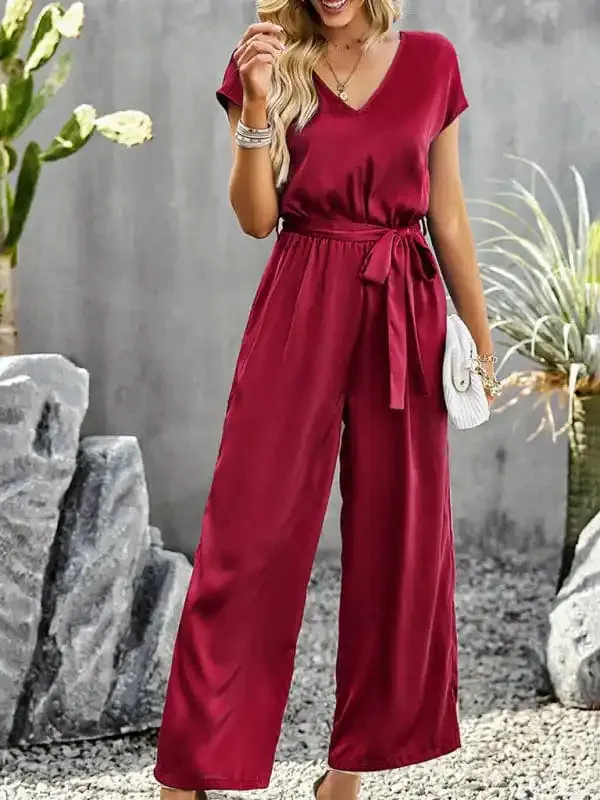 Women’s Elegant Solid Color V Neck Jumpsuit