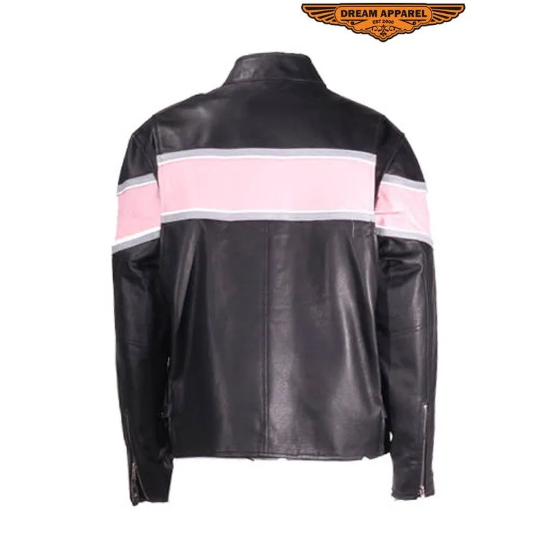 Womens Racer Jacket With Pink & Double Silver Stripes