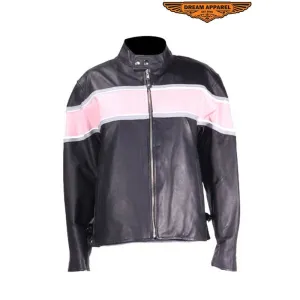 Womens Racer Jacket With Pink & Double Silver Stripes