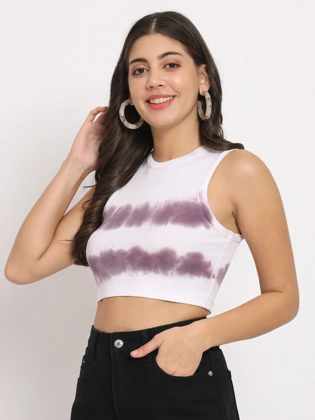 Women's Sleeveless Fitted Tie & Die Crop Top