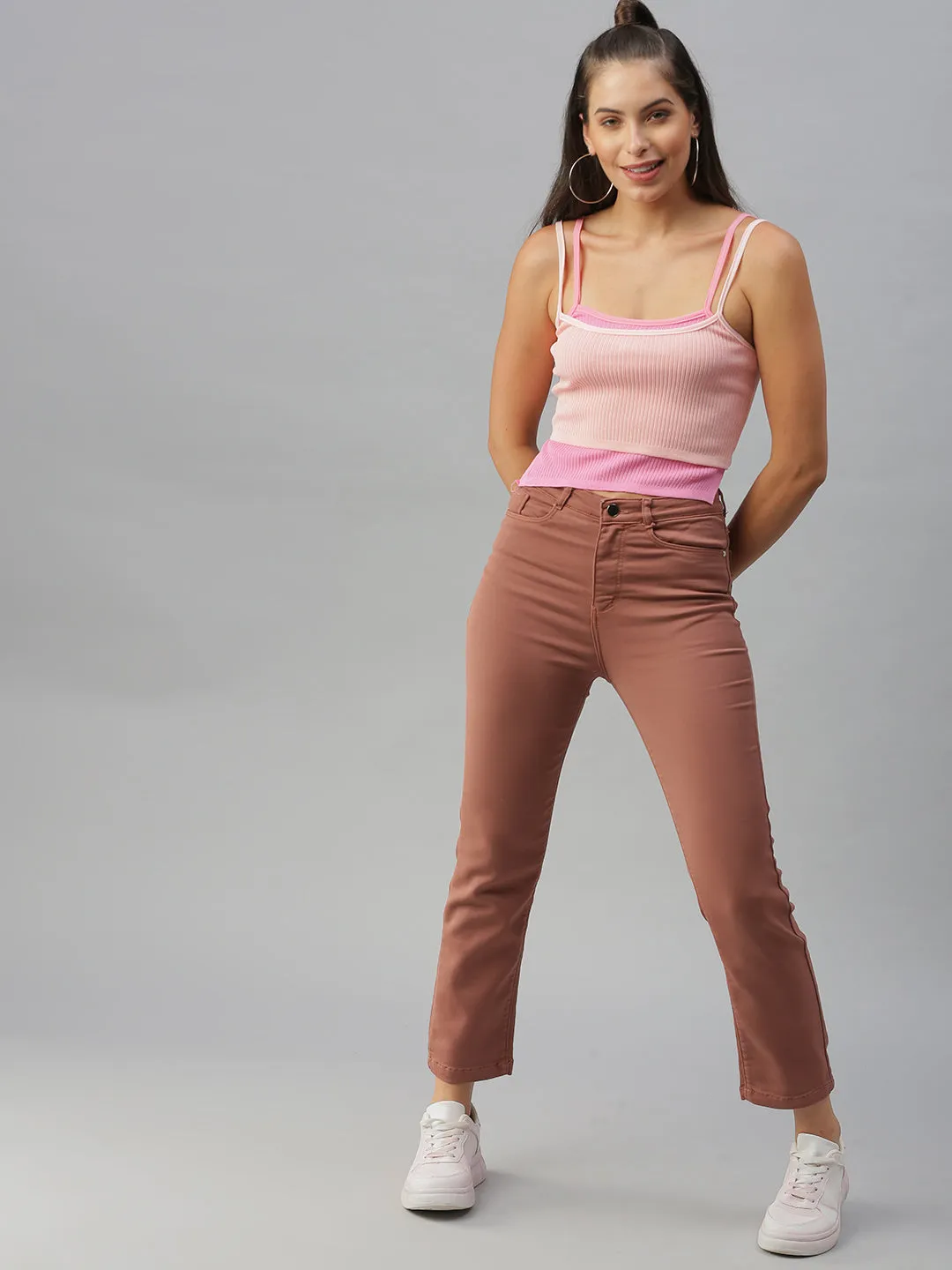 Women's Taupe Solid Straight Fit Denim Jeans